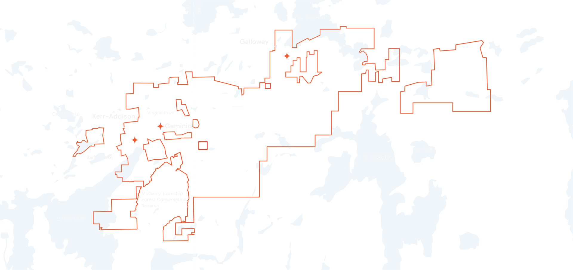 Map of northern Ontario and Quebec with Cadillac Mines Corporation properties indicated.